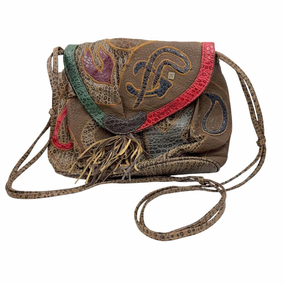 Vtg 90s Boho Eclectic Nas Bags Multi Color Patchwork Faux Leather Crossbody Bag